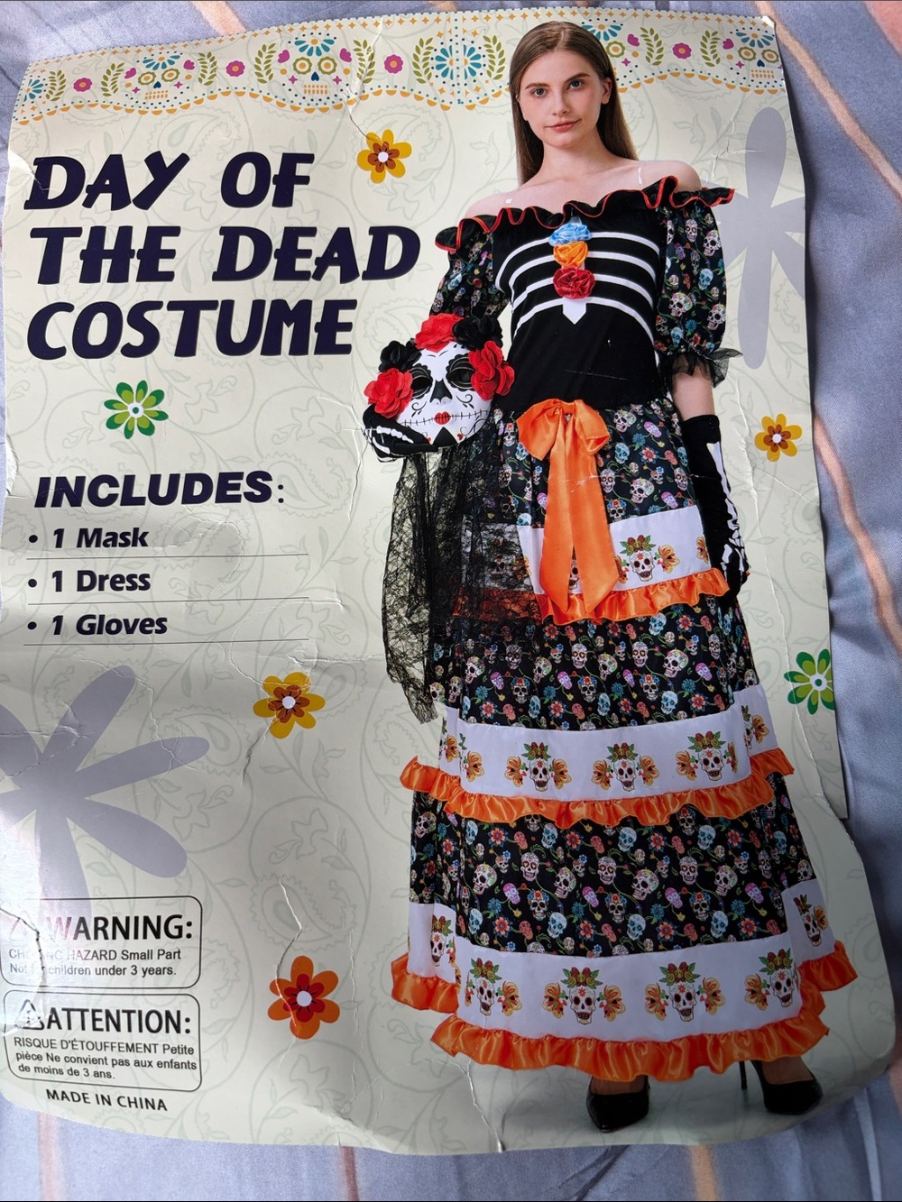 Day of the Dead Costume Dress with Mask & Gloves - Black & Orange